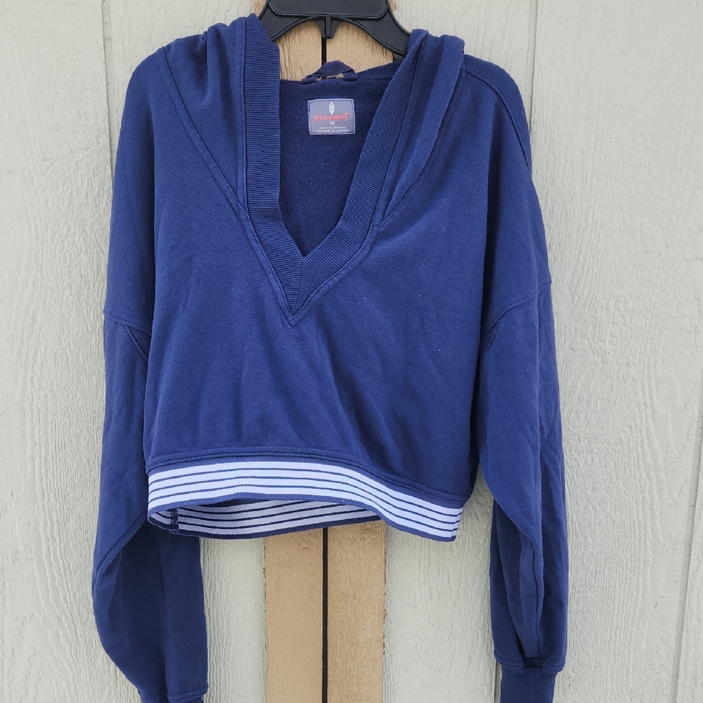 Fp Movement Grand Slam Striped Cropped Hoodie Sporty Athletic Navy‎ Boho XSmall